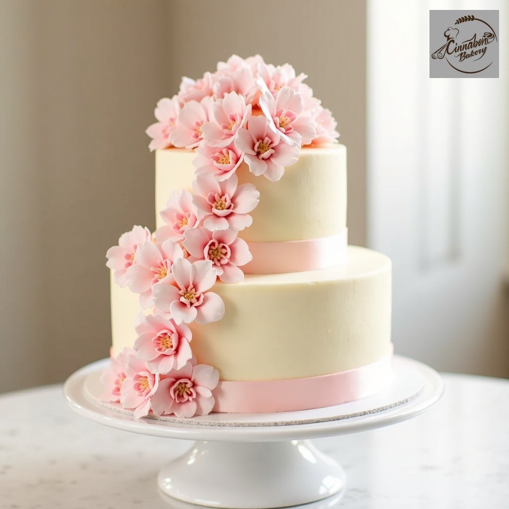 Three Tier Cherry Blossom Wedding Cake